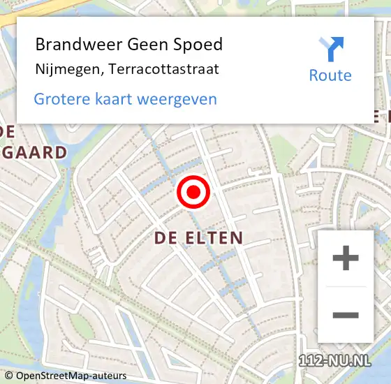 Locatie op kaart van de 112 melding: Brandweer Geen Spoed Naar Nijmegen, Terracottastraat op 14 september 2022 13:22