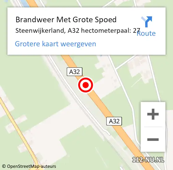 Locatie op kaart van de 112 melding: Brandweer Met Grote Spoed Naar Steenwijkerland, A32 hectometerpaal: 27 op 14 september 2022 13:27