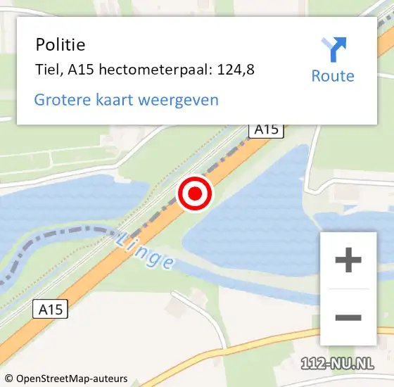 Locatie op kaart van de 112 melding: Politie Tiel, A15 hectometerpaal: 124,8 op 14 september 2022 14:12