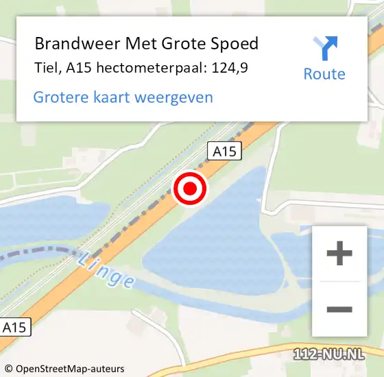 Locatie op kaart van de 112 melding: Brandweer Met Grote Spoed Naar Tiel, A15 hectometerpaal: 124,9 op 14 september 2022 14:12