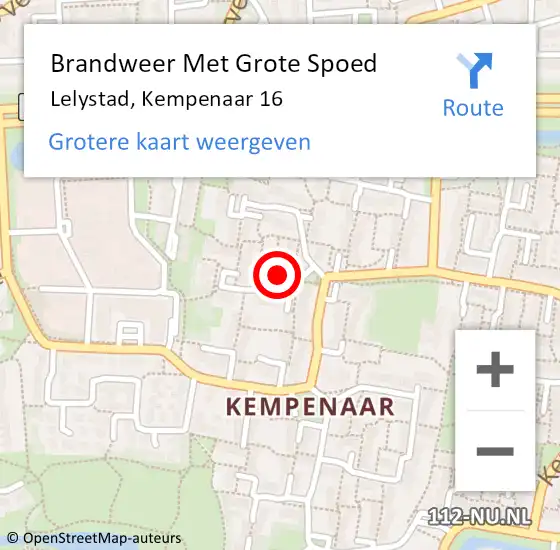 Locatie op kaart van de 112 melding: Brandweer Met Grote Spoed Naar Lelystad, Kempenaar 16 op 14 september 2022 14:23