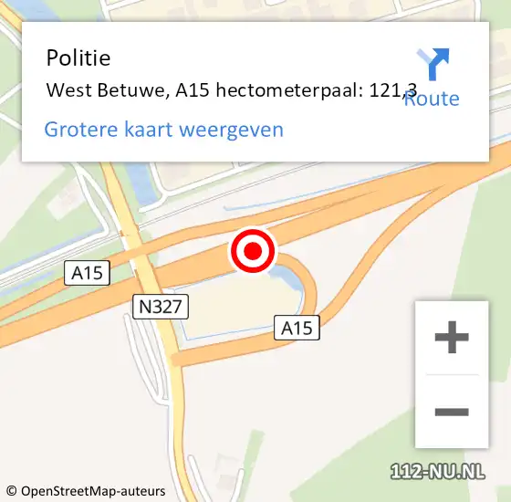 Locatie op kaart van de 112 melding: Politie West Betuwe, A15 hectometerpaal: 121,3 op 14 september 2022 14:40