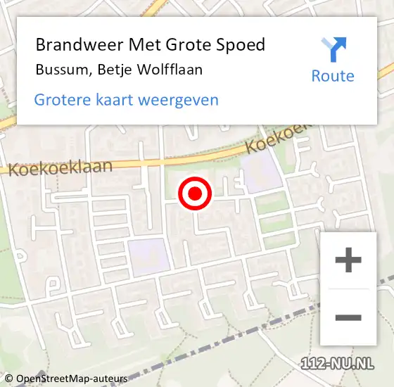 Locatie op kaart van de 112 melding: Brandweer Met Grote Spoed Naar Bussum, Betje Wolfflaan op 14 september 2022 14:51