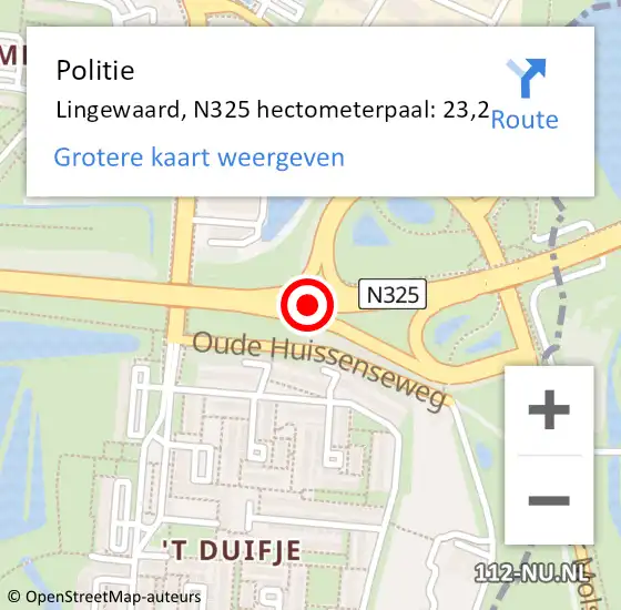 Locatie op kaart van de 112 melding: Politie Lingewaard, N325 hectometerpaal: 23,2 op 14 september 2022 15:32