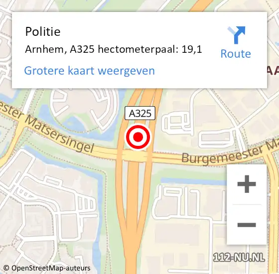 Locatie op kaart van de 112 melding: Politie Arnhem, A325 hectometerpaal: 19,1 op 14 september 2022 15:46