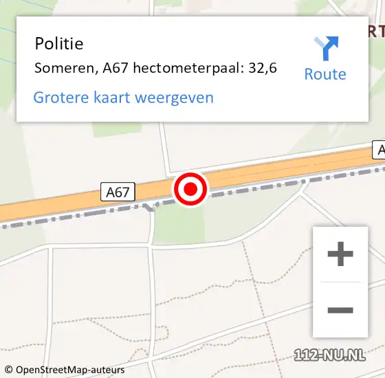 Locatie op kaart van de 112 melding: Politie Someren, A67 hectometerpaal: 32,6 op 14 september 2022 16:24