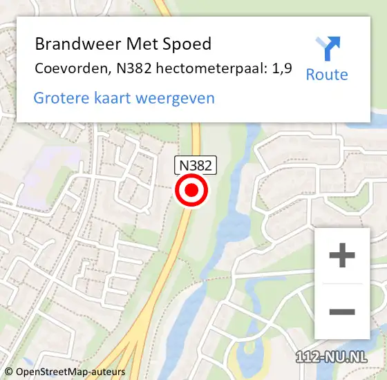 Locatie op kaart van de 112 melding: Brandweer Met Spoed Naar Coevorden, N382 hectometerpaal: 1,9 op 14 september 2022 16:27