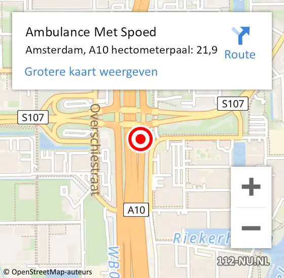 Locatie op kaart van de 112 melding: Ambulance Met Spoed Naar Amsterdam, A10 hectometerpaal: 21,9 op 14 september 2022 17:34