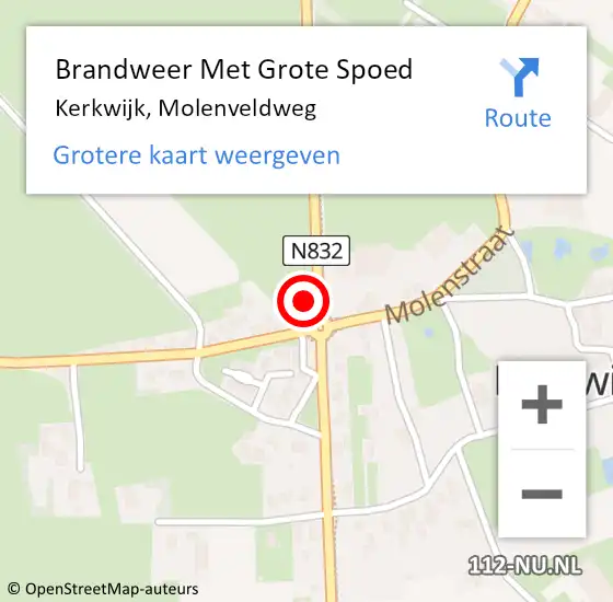 Locatie op kaart van de 112 melding: Brandweer Met Grote Spoed Naar Kerkwijk, Molenveldweg op 14 september 2022 18:17