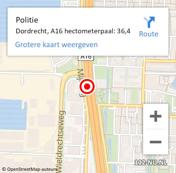 Locatie op kaart van de 112 melding: Politie Dordrecht, A16 hectometerpaal: 36,4 op 14 september 2022 20:01
