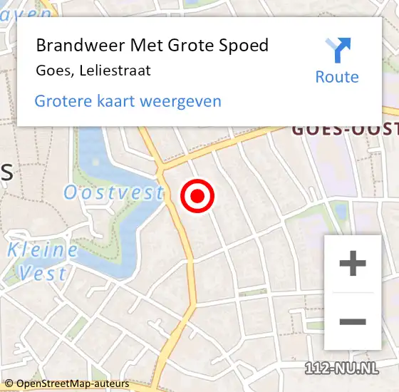 Locatie op kaart van de 112 melding: Brandweer Met Grote Spoed Naar Goes, Leliestraat op 14 september 2022 22:45