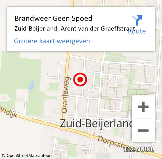 Locatie op kaart van de 112 melding: Brandweer Geen Spoed Naar Zuid-Beijerland, Arent van der Graeffstraat op 15 september 2022 01:56