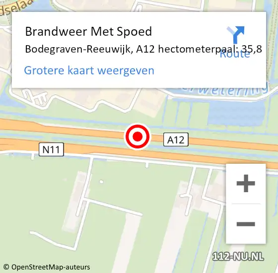 Locatie op kaart van de 112 melding: Brandweer Met Spoed Naar Bodegraven-Reeuwijk, A12 hectometerpaal: 35,8 op 15 september 2022 02:44