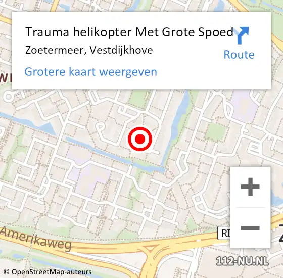 Locatie op kaart van de 112 melding: Trauma helikopter Met Grote Spoed Naar Zoetermeer, Vestdijkhove op 15 september 2022 03:00