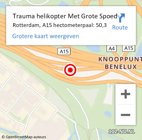 Locatie op kaart van de 112 melding: Trauma helikopter Met Grote Spoed Naar Rotterdam, A15 hectometerpaal: 50,3 op 15 september 2022 03:59