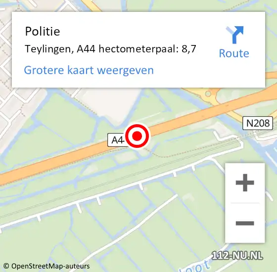 Locatie op kaart van de 112 melding: Politie Teylingen, A44 hectometerpaal: 8,7 op 15 september 2022 06:00