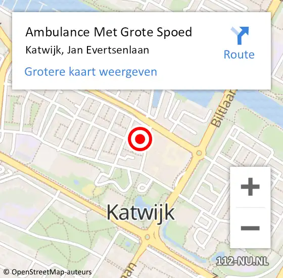 Locatie op kaart van de 112 melding: Ambulance Met Grote Spoed Naar Katwijk, Jan Evertsenlaan op 15 september 2022 06:17