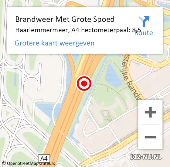 Locatie op kaart van de 112 melding: Brandweer Met Grote Spoed Naar Haarlemmermeer, A4 hectometerpaal: 8,5 op 15 september 2022 06:23