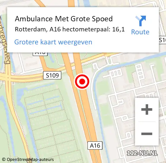 Locatie op kaart van de 112 melding: Ambulance Met Grote Spoed Naar Rotterdam, A16 hectometerpaal: 16,1 op 15 september 2022 06:41