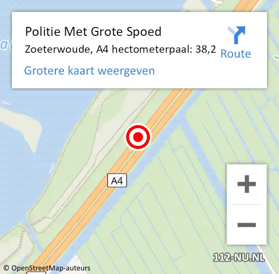 Locatie op kaart van de 112 melding: Politie Met Grote Spoed Naar Zoeterwoude, A4 hectometerpaal: 38,2 op 15 september 2022 07:16