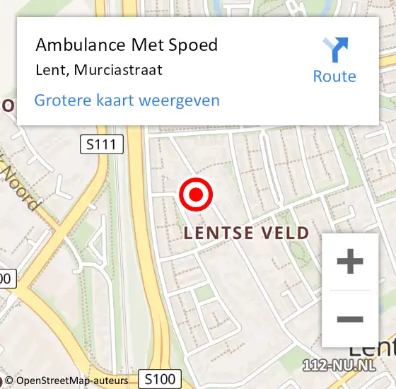 Locatie op kaart van de 112 melding: Ambulance Met Spoed Naar Lent, Murciastraat op 15 september 2022 09:21