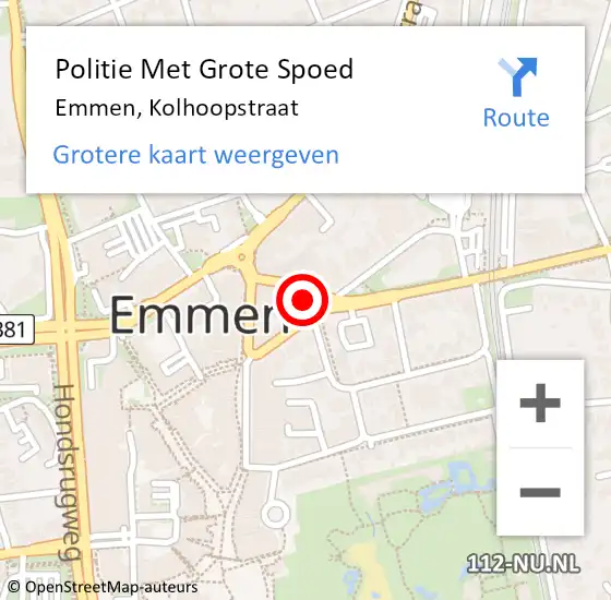 Locatie op kaart van de 112 melding: Politie Met Grote Spoed Naar Emmen, Kolhoopstraat op 15 september 2022 10:26