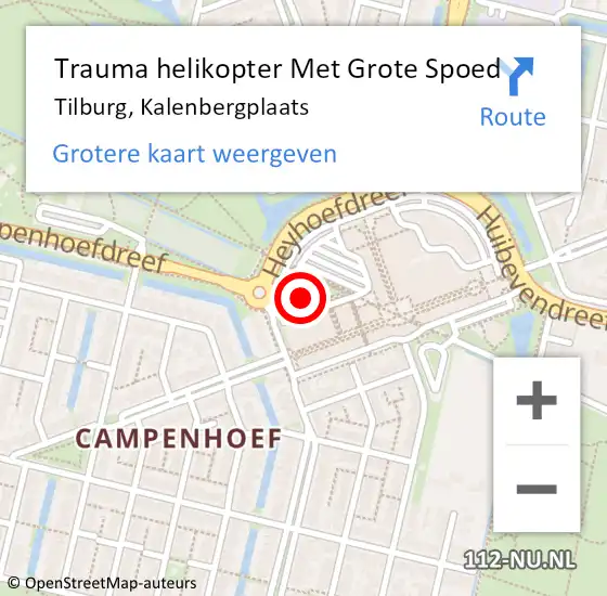 Locatie op kaart van de 112 melding: Trauma helikopter Met Grote Spoed Naar Tilburg, Kalenbergplaats op 15 september 2022 12:51