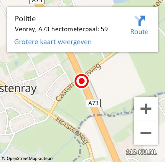 Locatie op kaart van de 112 melding: Politie Venray, A73 hectometerpaal: 59 op 15 september 2022 14:47