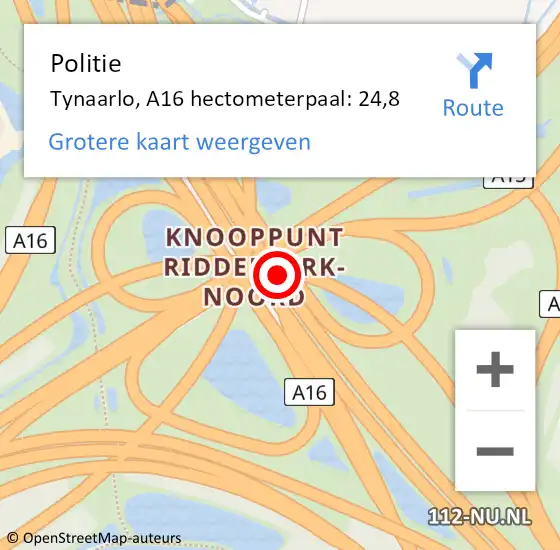 Locatie op kaart van de 112 melding: Politie Tynaarlo, A16 hectometerpaal: 24,8 op 15 september 2022 15:39