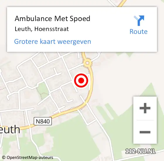 Locatie op kaart van de 112 melding: Ambulance Met Spoed Naar Leuth, Hoensstraat op 15 september 2022 18:11