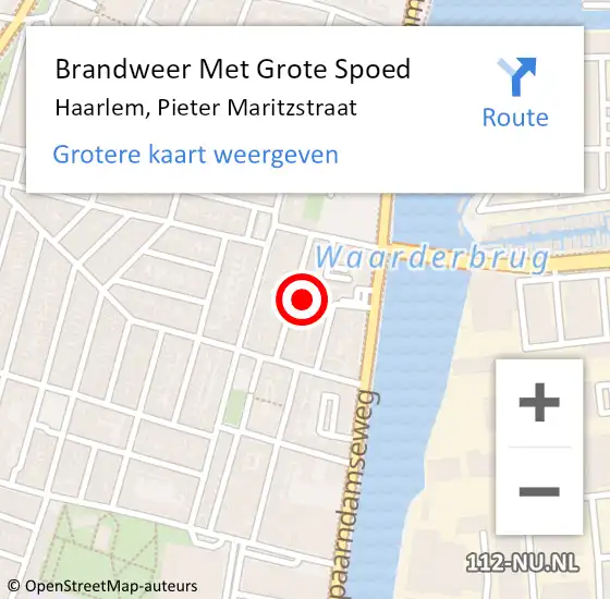 Locatie op kaart van de 112 melding: Brandweer Met Grote Spoed Naar Haarlem, Pieter Maritzstraat op 15 september 2022 18:21