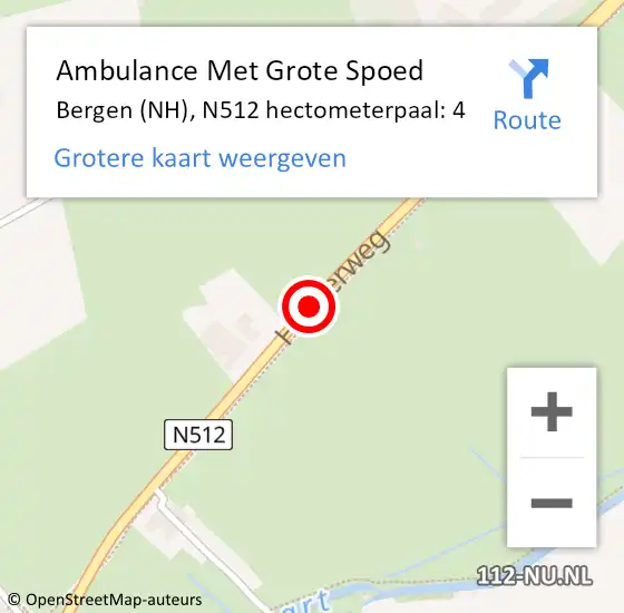 Locatie op kaart van de 112 melding: Ambulance Met Grote Spoed Naar Bergen (NH), N512 hectometerpaal: 4 op 15 september 2022 18:38