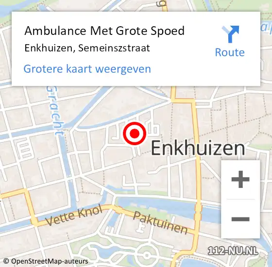 Locatie op kaart van de 112 melding: Ambulance Met Grote Spoed Naar Enkhuizen, Semeinszstraat op 15 september 2022 18:49