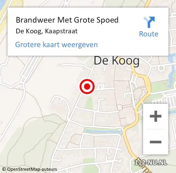 Locatie op kaart van de 112 melding: Brandweer Met Grote Spoed Naar De Koog, Kaapstraat op 15 september 2022 22:50