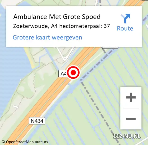 Locatie op kaart van de 112 melding: Ambulance Met Grote Spoed Naar Zoeterwoude, A4 hectometerpaal: 37 op 15 september 2022 23:20