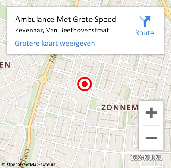Locatie op kaart van de 112 melding: Ambulance Met Grote Spoed Naar Zevenaar, Van Beethovenstraat op 16 september 2022 05:48