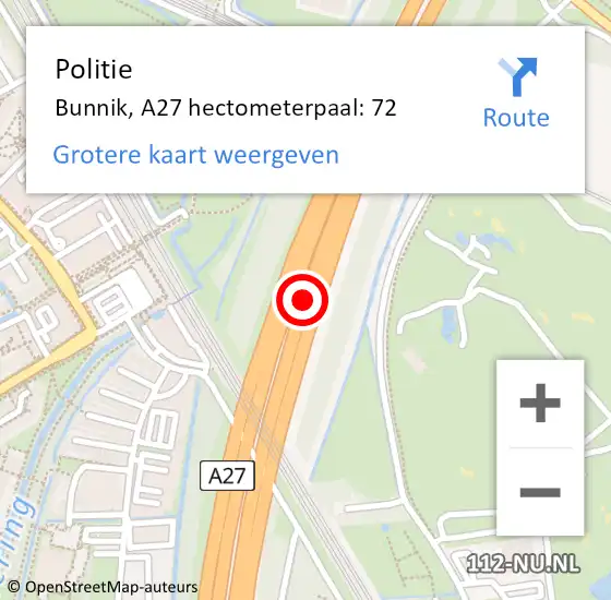 Locatie op kaart van de 112 melding: Politie Bunnik, A27 hectometerpaal: 72 op 16 september 2022 09:39