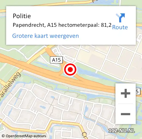 Locatie op kaart van de 112 melding: Politie Papendrecht, A15 hectometerpaal: 81,2 op 16 september 2022 10:13