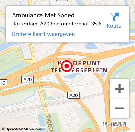 Locatie op kaart van de 112 melding: Ambulance Met Spoed Naar Rotterdam, A20 hectometerpaal: 35,6 op 16 september 2022 11:22