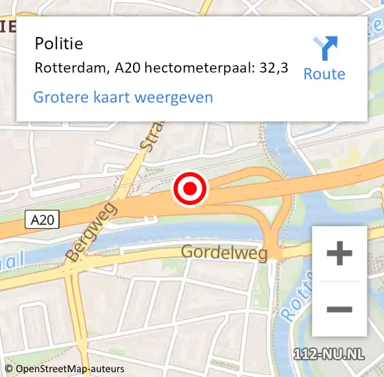 Locatie op kaart van de 112 melding: Politie Rotterdam, A20 hectometerpaal: 32,3 op 16 september 2022 11:31