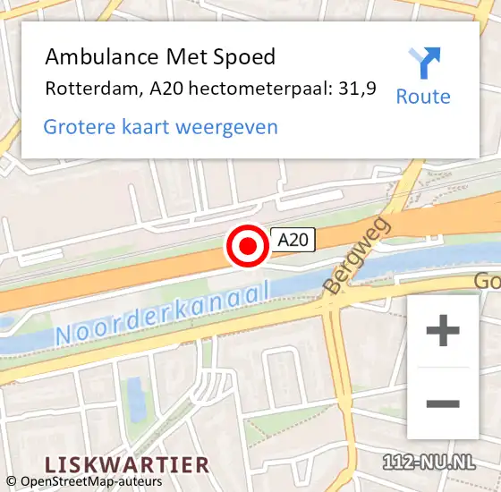 Locatie op kaart van de 112 melding: Ambulance Met Spoed Naar Rotterdam, A20 hectometerpaal: 31,9 op 16 september 2022 11:38