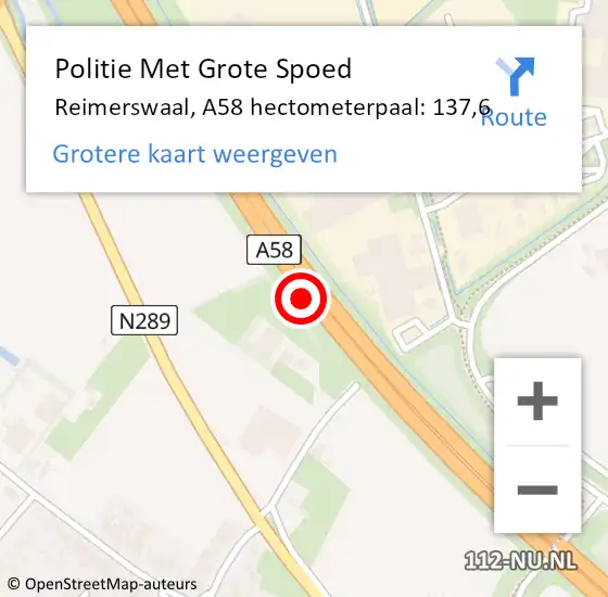 Locatie op kaart van de 112 melding: Politie Met Grote Spoed Naar Reimerswaal, A58 hectometerpaal: 137,6 op 16 september 2022 13:01