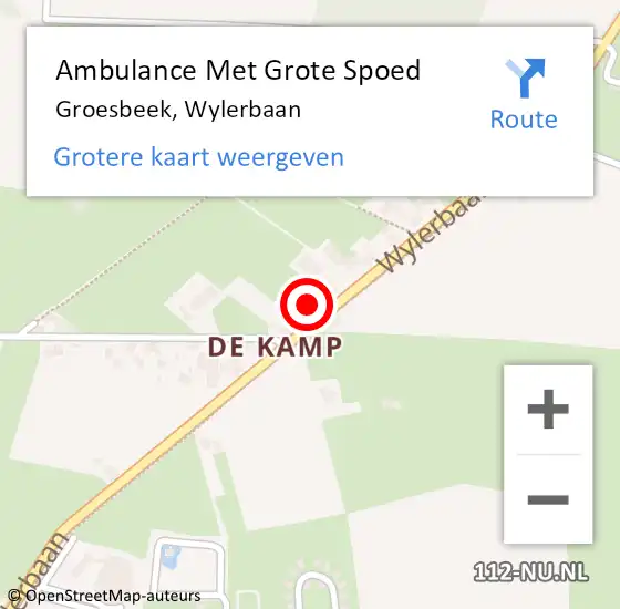 Locatie op kaart van de 112 melding: Ambulance Met Grote Spoed Naar Groesbeek, Wylerbaan op 16 september 2022 13:13