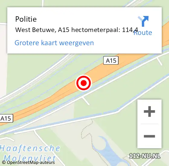 Locatie op kaart van de 112 melding: Politie West Betuwe, A15 hectometerpaal: 114,4 op 16 september 2022 14:22