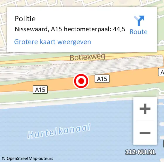 Locatie op kaart van de 112 melding: Politie Nissewaard, A15 hectometerpaal: 44,5 op 16 september 2022 14:58