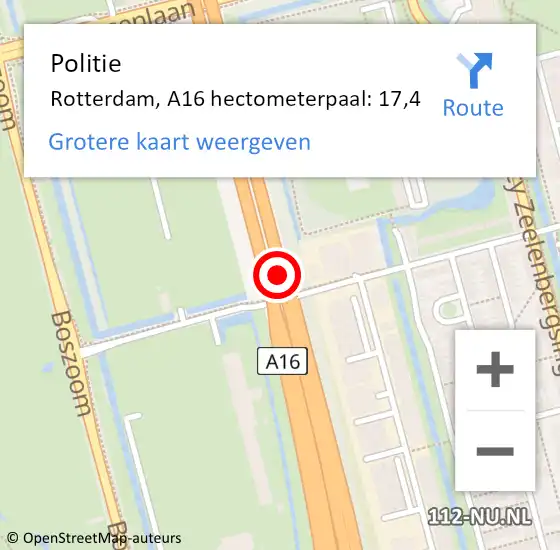 Locatie op kaart van de 112 melding: Politie Rotterdam, A16 hectometerpaal: 17,4 op 16 september 2022 15:29