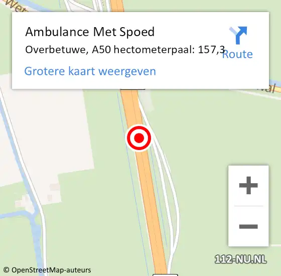 Locatie op kaart van de 112 melding: Ambulance Met Spoed Naar Overbetuwe, A50 hectometerpaal: 157,3 op 16 september 2022 15:51