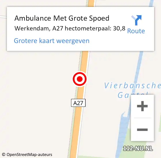 Locatie op kaart van de 112 melding: Ambulance Met Grote Spoed Naar Werkendam, A27 hectometerpaal: 30,8 op 16 september 2022 16:04