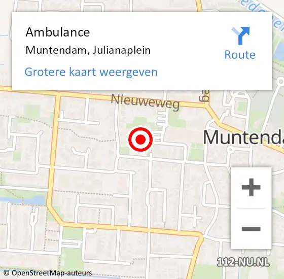 Locatie op kaart van de 112 melding: Ambulance Muntendam, Julianaplein op 29 juli 2014 14:06