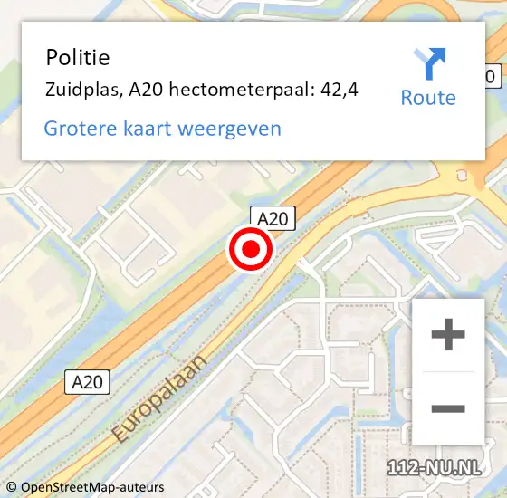 Locatie op kaart van de 112 melding: Politie Zuidplas, A20 hectometerpaal: 42,4 op 16 september 2022 17:13